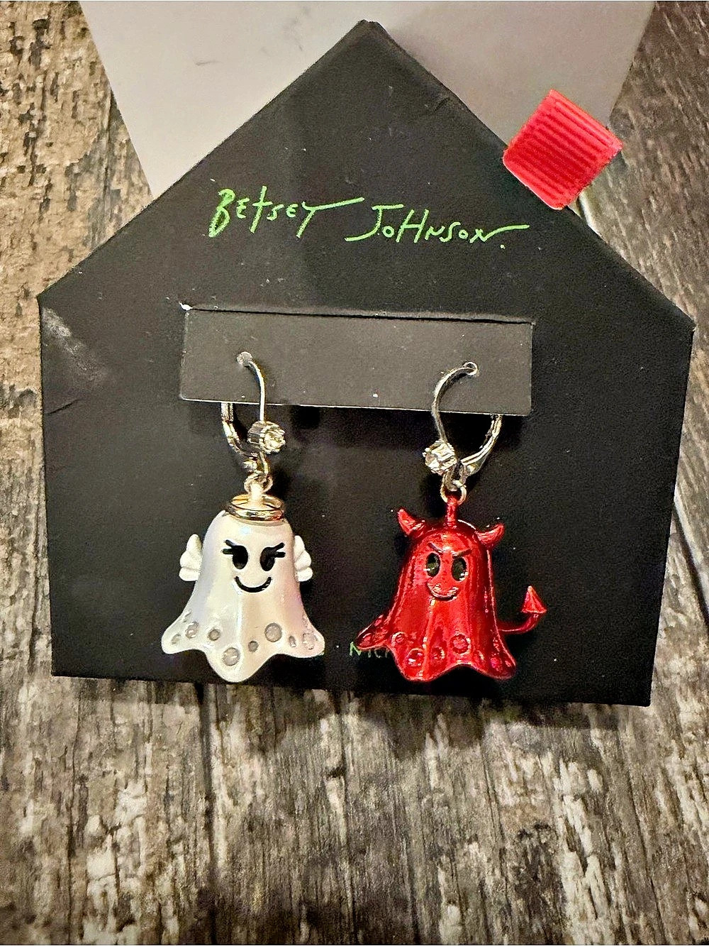 Betsey Johnson Halloween Angel Devil Mismatch Drop Earrings Red & White